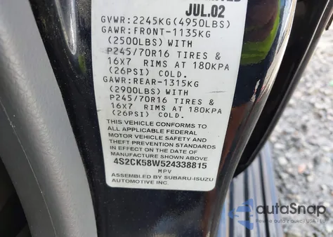 2002 Isuzu Rodeo Ls 3.2L V6/Lse 3.2L V6/S 3.2L V6 z USA, uszkodzony, nr VIN 4S2CK58W524338815